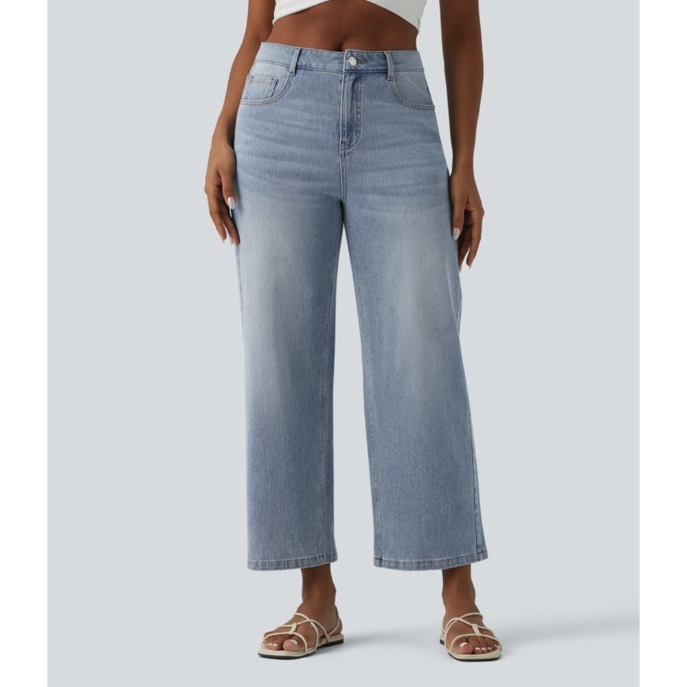 Halara Wide Leg Jeans Women XL Petite Light Blue Crossover Waist Aura Flex Denim
